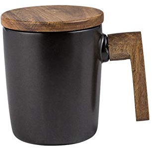 Atfung Tasse en céramique avec couvercle en bois et poignée en bois, tasse à café, tasse à café, tasse à lait en porcelaine, tasse cadeau, 350 ml, noire