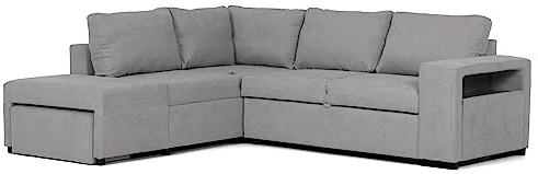 BUDWING Zurie Sofá Cama Esquinero 3, 4 o 5 Plazas con Puff, 2 Arcónes y Estante – Chaise Longue Derecha o Izquierda – Tapizado en Tela Gris – Ideal para Salones Grandes y Decoración de Hogar