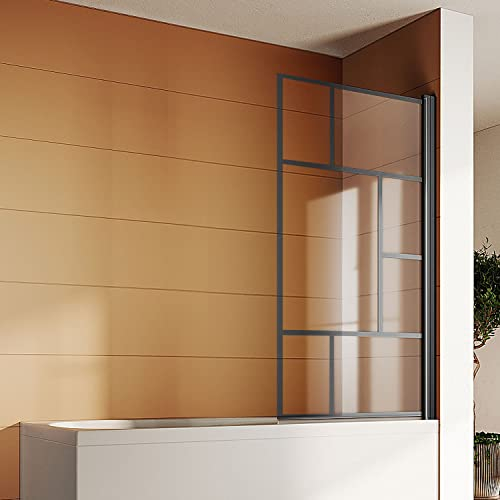 SONNI Paroi de douche pour baignoire avec design en treillis noir - En verre nano - Pliable - 80 x 140 cm (l x h)