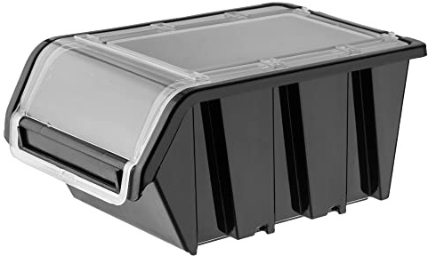 KADAX Stapelkiste mit Deckel, Lagerbox aus PP Kunststoff, Sichtlagerbox in verschiedenen Größen und Farben, Lagerboxen mit Klappe für Werkzeugswand (Schwarz, 230x160mm)