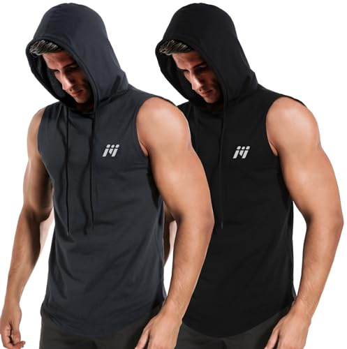 MEETWEE Mäns tanktopp, sportskjorta med huva, ärmlösa muskelskjortor, fitness, ärmlös skjorta, andas, löpartröja, armskjortor, huvtröja för gym, löpning, träning, Svartgrå, L