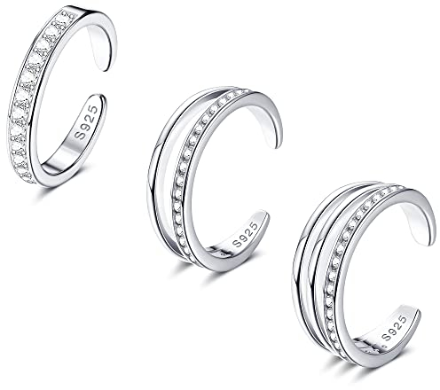 ORAZIO 3PCS 925 Sterling Silber Zehenringe für Frauen Einstellbare Offene Zehenringe Cubic Zirconia Band Zehenring Set Sommer Strand Fuß Schmuck Set
