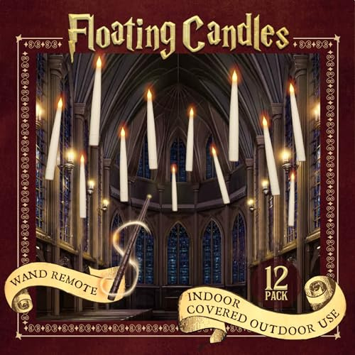 Halloween Decorations - Floating Candles with Wand - 12 Pcs Magic Flickering Warm Light Flameless Floating LED Candle Christmas Decor - Stocking Stuffers for Indoor Classroom Bedroom Party