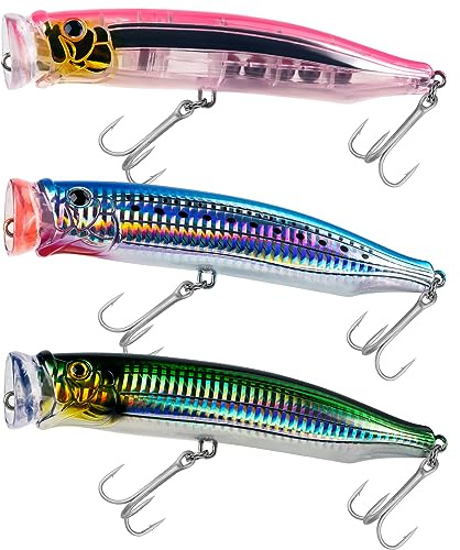 THKFISH Popper-Köder, Salzwasser, Thunfisch, Popper, Topwater Angelköder für Brandungsangeln, Barsch, mit 3D-Augen, für GT Thunfisch, große Fische, 15 cm, 1 Stück / 3 Stück
