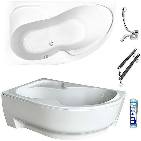 ECOLAM® Badewanne WELA 170x100 cm LINKS Schürze | Wanne mit Antirutsch Beschichtung I Eckwanne Eckbadewanne + Ablaufgarnitur Alcaplast Füße Silikon Komplett-Set Acryl weiß