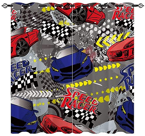 YUANZU Rennwagen Vorhänge Kinder Red und Blue Sportcar Ösen Gardinen mit Blickdichte Vorhang Kälteschutz Blackout Curtain Kinderzimmer Schlafzimmer Verdunkelung Fenster, 2 Stück, H 175 x B 140 cm