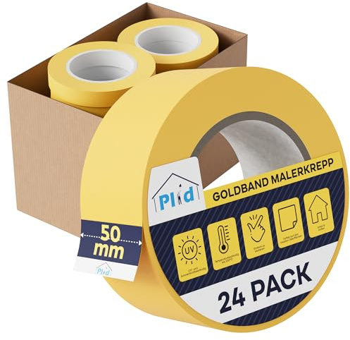 Plid Goldband Malerkrepp – 24 Rollen - 50 mm × 50 m – Malerklebeband | Kreppband | Abklebeband | Für Wand, Holz, Metall, Putz & Glas | Präzise Farbkanten | Innen & Außen