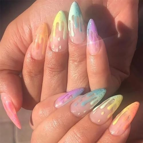 24pcs Long Almond Rainbow Colored Stick-on Nails - Ombre Press-on Full Cover Fake Nails for Women - Removable Glue-on Bridal Nail Art Accessories