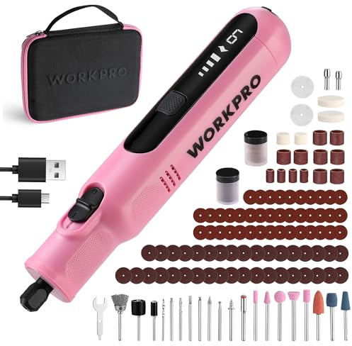 WORKPRO Cordless Rotary Tool, 8V Rotary Tool Kit with 117 Accessories, 6 Variable Speed, Type-C Charging, LED Work Light, Power Rotary Tool for Sanding, Polishing, Engraving, Cutting, DIY, Pink Ribbon
