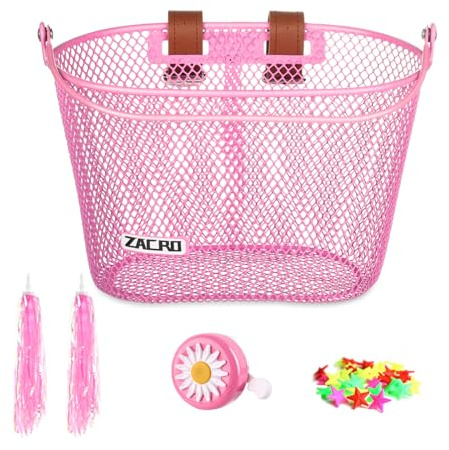 Zacro Kids Bike Basket, Upgraded Bicycle Baskets for Boys and Girls, Toddler Bike Basket with Bike Bell, Bike Streamers Decoration Accessories Set, Children's Bike Basket Fit for Kids Bike Scooter