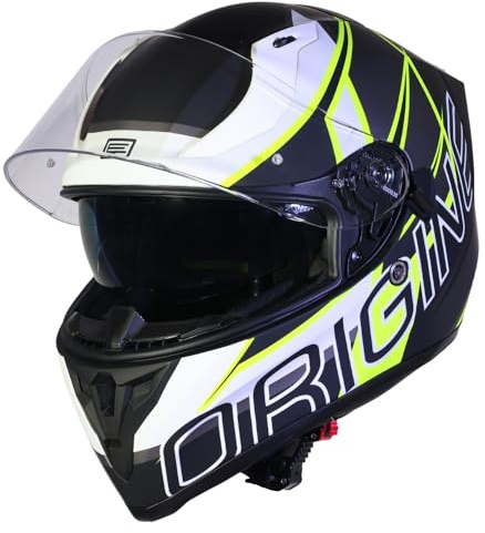 ORIGINE Helhjälm för gatumotorcyklar med dubbel visir ECE2206 godkänd (Matt Fluo Yellow-Black, S)