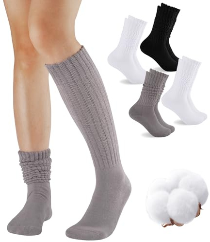 COOVAN Slouch Socks Women 4 Pairs Knee High Scrunch Cotton Soft Knit Cushion Extra Long Socks