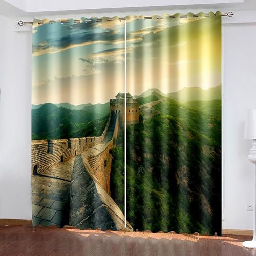 Mesnt Blickdichter Vorhang mit Schlaufen, 234x274cm Grün Braun Landschaft der Chinesischen Mauer Vorhang für Schlafzimmer und Wohnzimmer