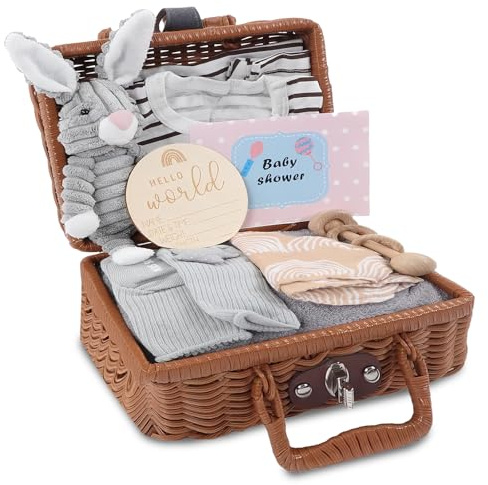 Neugeborenen Geschenkkorb, 9 in 1 Baby Geschenkset Geburt mit Babydecken, Baby Dreieckstuch, Plüschtiere, Grußkarten, Geburtskarten, Socken, Kleidung, Rassel, Geschenkboxen Körbe
