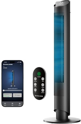CoolHome CF2401 Ventilatore a torre con telecomando, app – Ventilatore silenzioso con timer, LED – Ventilatore a prova di bambino per camera da letto – Quiet Tower Fan con telecomando – Nero – 102 cm
