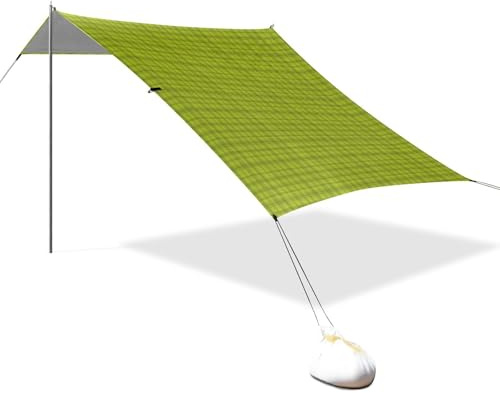 Toldo de playa plegable a cuadros verde limón UPF50+, parasol portátil resistente al agua con bolsillos de arena para jardín, prado, parque