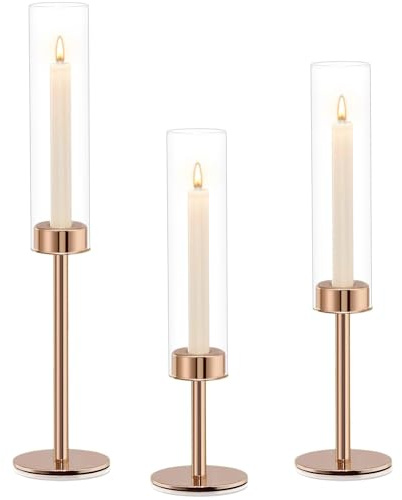 LiveGo 3 portacandele Hurricane, portacandele in vetro dorato antivento, alti portacandele in metallo per candele coniche, centrotavola per matrimoni, tavolo da pranzo, decorazioni per feste (oro rosa