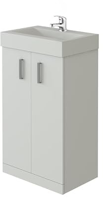VeeBath Cloakroom Vanity Unit and Basin with Mono Basin Mixer Tap and Waste, Compact Square Bathroom Furniture Set, Ideal for Small Bathrooms and En-Suites in Gloss White, 450mm