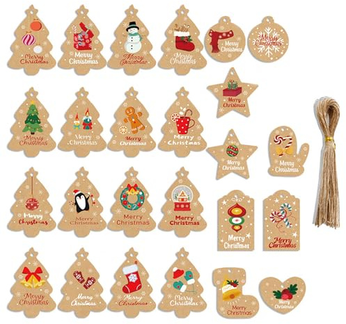 Fesnova 50 Stück Geschenkanhänger Weihnachten aus Kraftpapier,Weihnachtsanhänger Christbaumschmuck mit Festlichen Motiven,Hanfseil,für Weihnachtsgeschenke,Christbaumschmuck,Weihnachtsdekoration