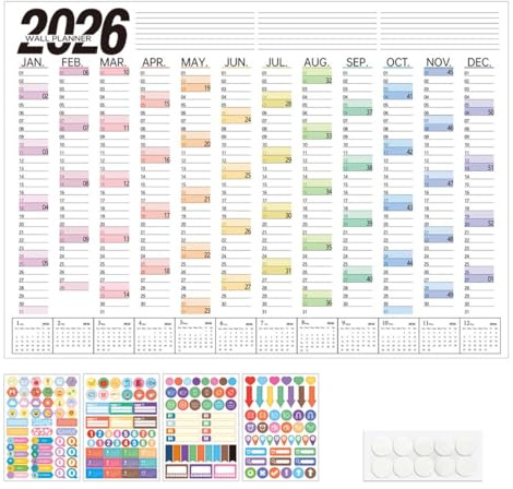 LACHT Calendrier Mural 2026-74 X 53 Cm - Livré Avec 4 Autocollants Pour L'Étiquetage, 1 Autocollant Double Face - Édition Pure