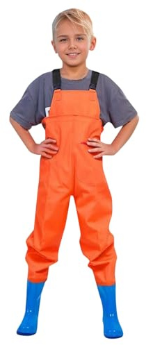 Waterproof Fishing Chest Waders Kids Boys Girls Chest Waders Youth Fishing Waders with Pocket for Toddler Children Water Proof Hunt & Fishing Waders with Boots Age 2-15 Y u17 Orange