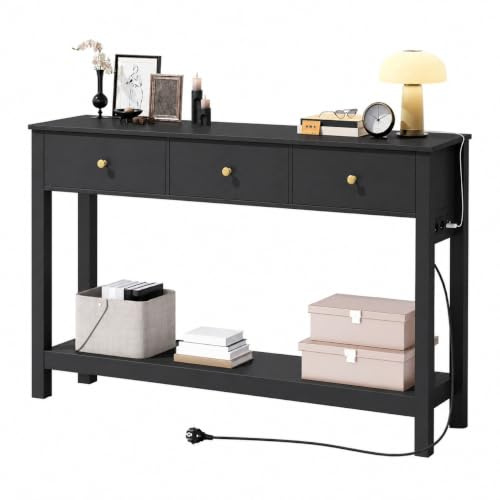 Xbro smalt konsolbord med grenuttag, hallbord med 3 lådor och hylla, sidobord med USB-portar, soffbord för hall, vardagsrum, kök, 130 x 30 x 80 cm, svart