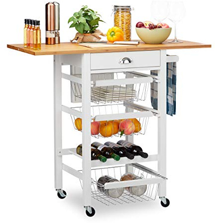 Relaxdays 10024986 Desserte de cuisine, plan de travail pliant, bambou, bloc-couteaux, chariot, paniers, range-bouteilles, blanc, MDF, acier, 89 x 60 x 49 cm