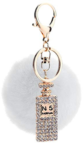 Canarea Schlüsselanhänger plüsch ball Taschenanhänger strass bommel Keychain Elegant Plüsch-Kugel Auto-Anhänger Pompom mit Strass Parfümflasche Glitzer Weich Schlüsselring (Weiß)