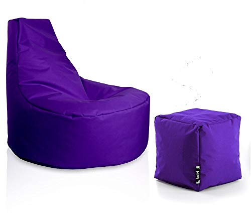 PATCH HOME Gamer Sessel Sitzsack inkl. Würfel Bean Bag Set Ø80cm, 30cm Sitzhöhe, 90cm Höhe + 35x35cm Würfel Lila