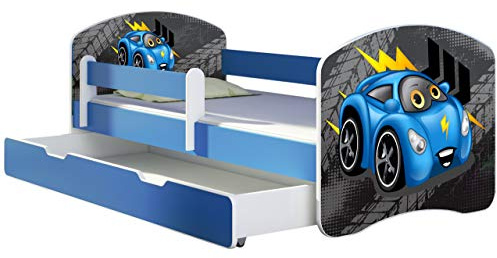 ACMA Kinderbett Jugendbett mit Einer Schublade und Matratze Blau mit Rausfallschutz Lattenrost II 140x70 160x80 180x80 (04 Blaue Auto, 140x70 + Bettkasten)