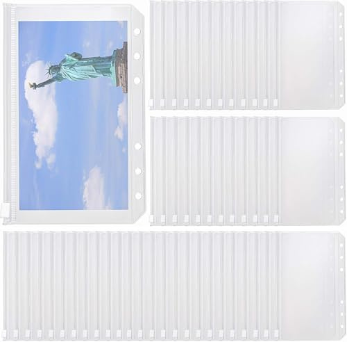 WUWEOT 50 Stück Bindertaschen A6 Größe Ringbuchtaschen 6 Löcher Dokumententasche Binder Reißverschluss Ordner Wasserdicht Transparent Losseblatt Taschen für Dateien Dokumente Notizbücher Karten