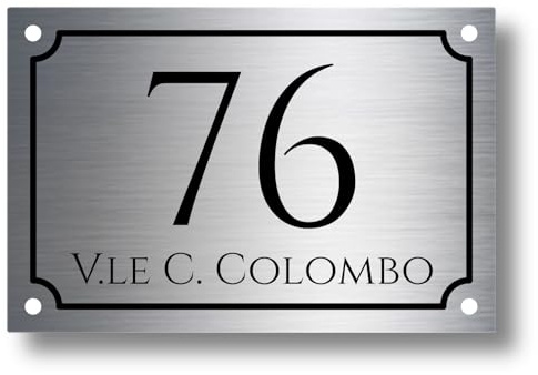 Numero civico in laminato plastico spessore 3.2 mm - Targa per esterno con incisione personalizzata - Formato rettangolare in 3 misure a scelta (Testo Nero - Sfondo Acciaio Spazzolato)