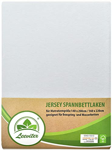 leevitex Premium Spannbettlaken 140 x 200-160 x 220 cm - auch für Boxspringbett & Wasserbett | 100% Mako-Jersey-Baumwolle | ÖKO-TEX | 170g/m² | 40 cm Steg | Weiß