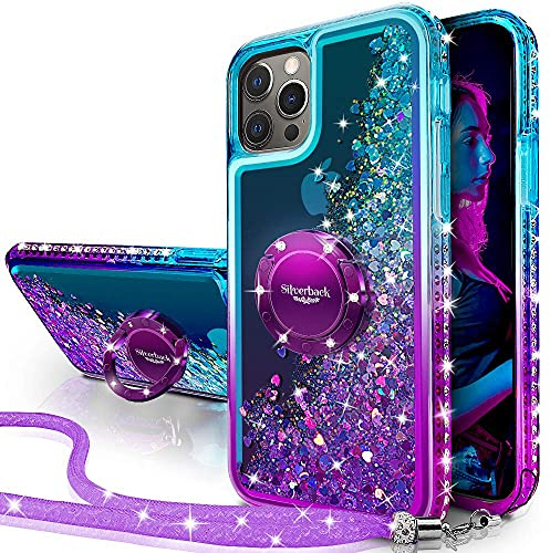 Miss Arts for iPhone 13 Pro Case, Glitter Case with Stand & Lanyard. | Liquid Holographic Sparkly Glitter Case, Women Girls Bling Diamond Ring Shockproof Protective Cover- Purple
