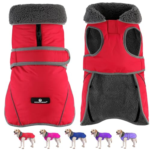 Dogcheer Dog Coat, Waterproof Dog Jacket Reflective Pet Winter Coat with Adjustable Hook & Loop, Christmas Puppy Fleece Jacket Warm Turtleneck Snowsuit for Small Medium Large Dogs - Red, S