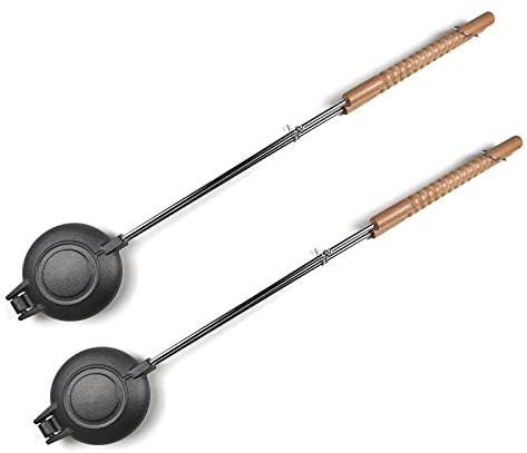 HAWOK Cast Iron Sandwich Grill - Handheld Pie Iron, Sandwich Maker, Panini Press - Set of 2 - 28.35”L x 4.31‘’W x 1.97‘’H - Pre Seasoned - Stainless Steel & Wood Handle - Oven Safe