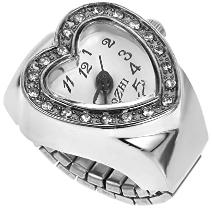 UKCOCO Orologio Cuore: Elastico Casual per Anello Moda Diamante Strass Orologio Forma Orologi di Compleanno Orologio- Argento Pratico Coppie Numeri Donne con Orologio Regali Dito retrò