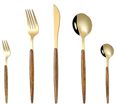 Couverts Ensembles Vaisselle De Maison Couteau En Acier Inoxydable Fourchette Cuillère Miroir Manche En Bois Vaisselle 5 Pièces Ensemble Doré