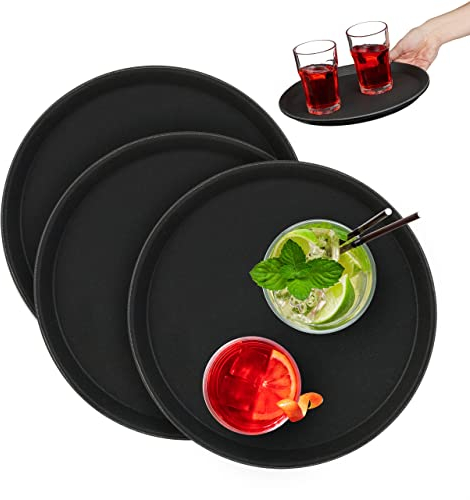 Relaxdays Vassoio Antiscivolo, Set da 3, Rotondo Ø 28 cm, da Portata, per Servizio Ristorante, Bar, Cucina Casa, Nero, Gomma