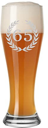LUXENTU Bicchiere da birra con incisione, bicchiere di grano con corona di alloro, 0,5 litri, bicchiere da birra bianco come regalo per il 65° anniversario/compleanno, lavabile in lavastoviglie
