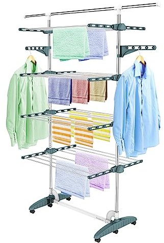 Todeco Wäscheständer Turm Klappbar, Wäscheturm 4 Ebenen aus Edelstahlrohre, Turmtrockner mit 6X Rollen, Ausziehbare obere Leiste, Flügel, Mobiler Turmwäscheständer für Wäscheraum Badezimmer, Blaugrün