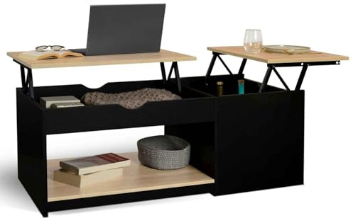 IDMarket - Table Basse 2 Plateaux relevables rectangulaire EYLA avec Coffre Bois Noir et façon hêtre