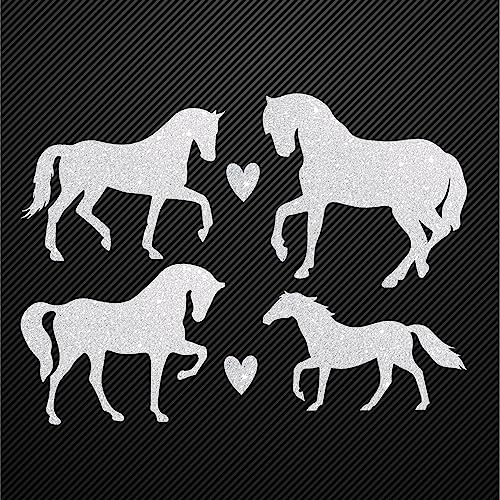 Glitzerdeals Bügelbilder Glitzer Pferde 4er Set mit Herzen silber Aufbügler für Textilien Karneval Kostüm Pferd Bügelflicken Pferde Fasching Patch zum Aufbügeln Pferd