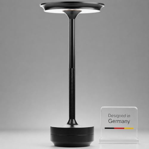 TAP Light Retro Tischlampe Schwarz Dimmbar bis zu 12h Laufzeit I Aluminium Vintage Lampe mit modernem Design I 28cm I Elegante Nachttischlampe egal für Wohnzimmer, Esszimmer & Schlafzimmer