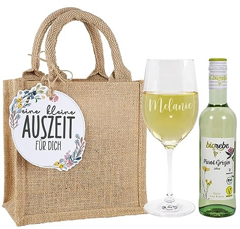 Herz & Heim® Wein-Geschenk mit graviertem Weinglas und Wein zur Auswahl in Jute Geschenktasche Weiß, Kleine Auszeit
