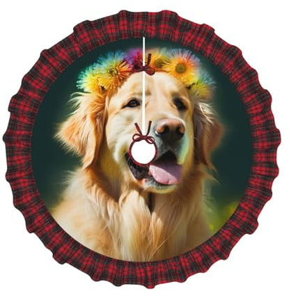 Weihnachtsbaumrock mit Golden Retriever-Motiv, bedruckt, 91,4 cm – Weihnachtsbaumrock mit karierter Plissee-Dekoration