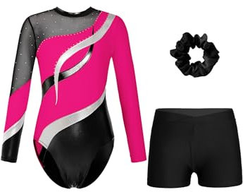 MSemis Gymnastikanzug Mädchen Turnanzug 3-teiliges Set Langarm Turnkleidung Tanzkostüm Gymnastikbody mit Kurze Hose Haarband Hot Pink & Schwarz 134-140