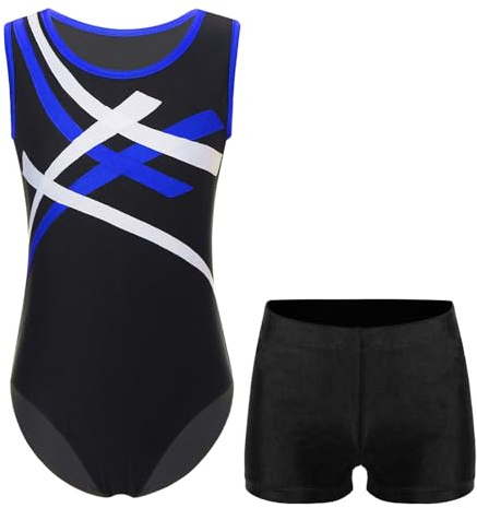 Yruioon Jungen Turnanzug Gymnastikanzug Ärmellos Ballettanzug mit Shorts Kinder Ballett Trikot Gymnastik Leotard Turnen Akrobatik Anzug Blau&Schwarz 122-128