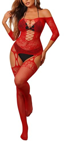 Buitifo Lingerie donna Sexy Intima Fishnet Bodystocking Halter Babydoll Sleepwear collant Pigiama(rosso 08jc,Taglia unica)