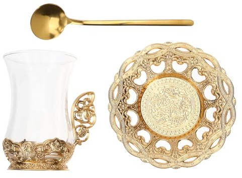 FUNOMOCYA Vintage Glass Coffee Cup and Saucer Set Elegant Beautifully Carved Tea Cup with Spoon Made of Glass and Aluminum Alloy Suitable for Café and Restaurant Use
